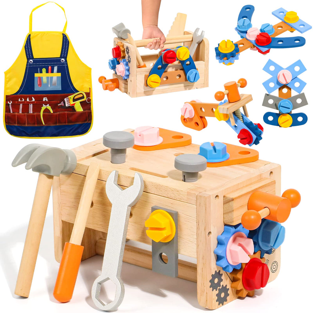 TONZE Kids Tool Set apron-workbench: wood construction fosters imaginative pretend carpentry play.