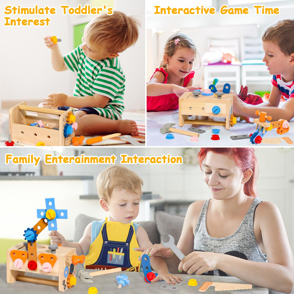TONZE Kids Tool Set mini-workbench: flip-open bench for on-the-go building fun.