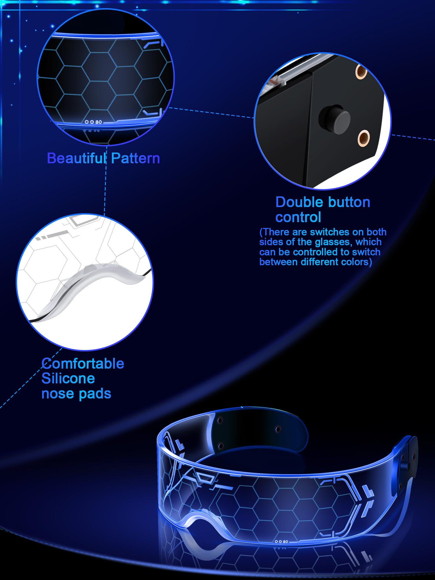 TOODOO LED visor glasses with four lighting modes in action