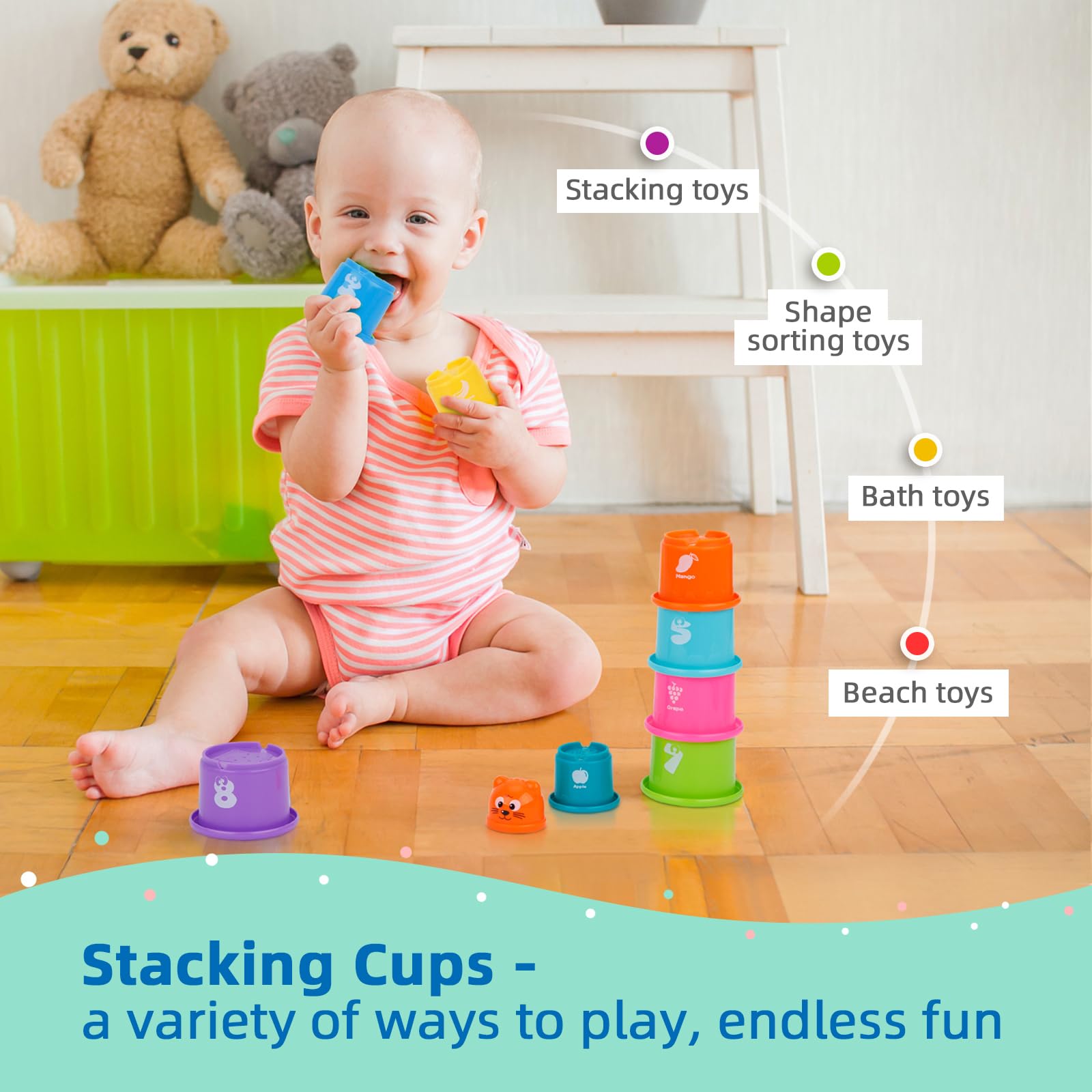 TOOKYLAND stacking cups designed for stacking, nesting, and sensory play.