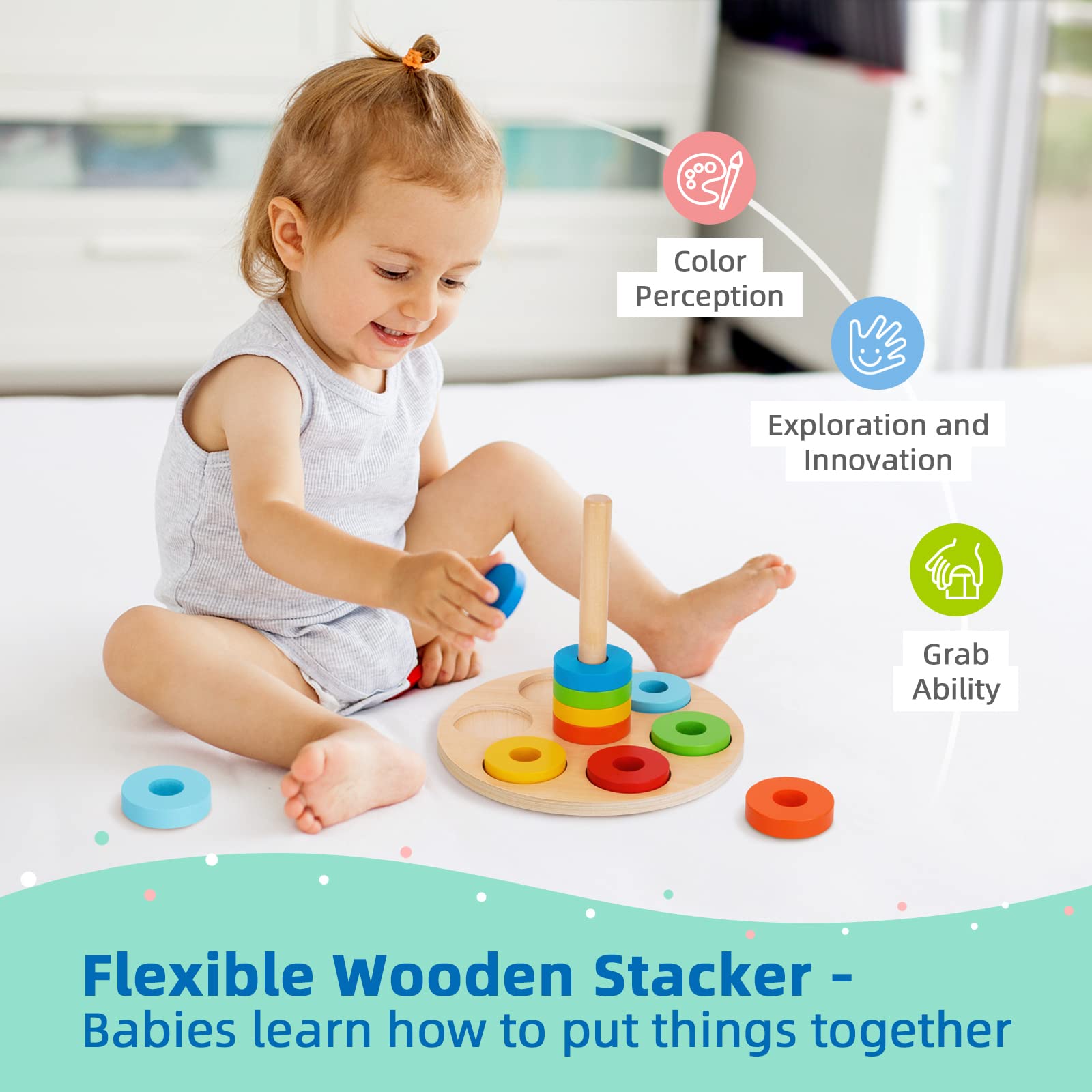 TOOKYLAND wooden stacker boosts hand-eye coordination and motor skills.