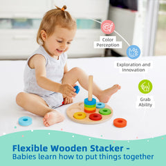 TOOKYLAND wooden stacker boosts hand-eye coordination and motor skills.