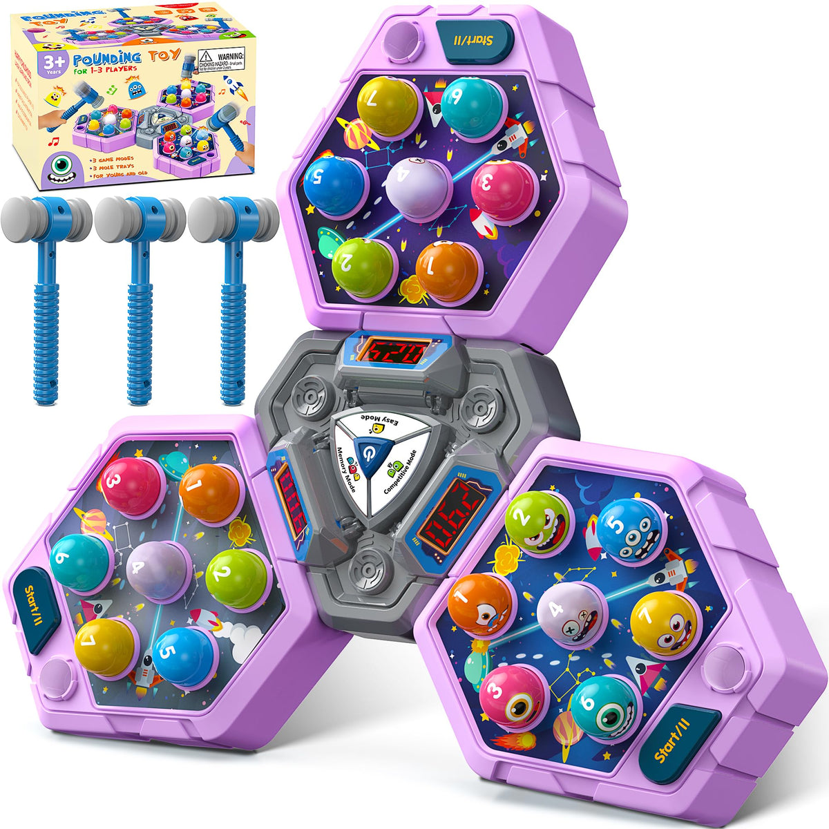 TooLion 3-Player Whack Mole Game front view with bright lights for ages 3+.