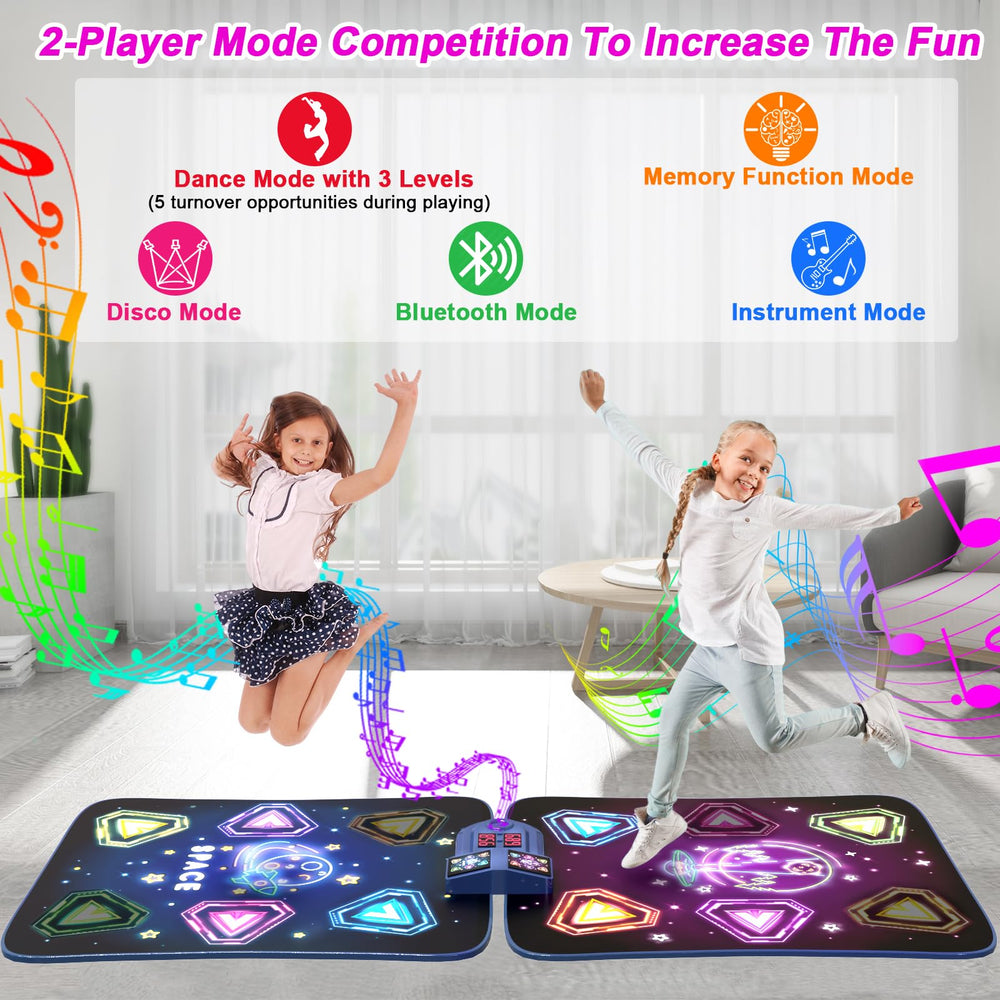 TooLion 2-player dance mat showing two sides with independent play lanes, great for shared fun.