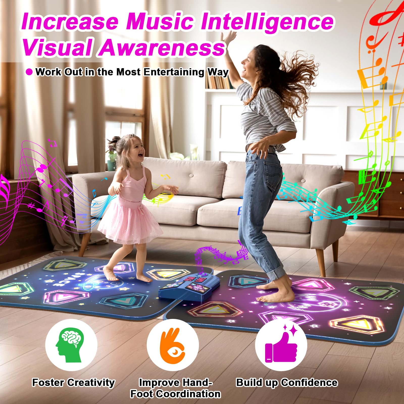 TooLion dance mat showing five games mode icons, offering varied dance challenges.