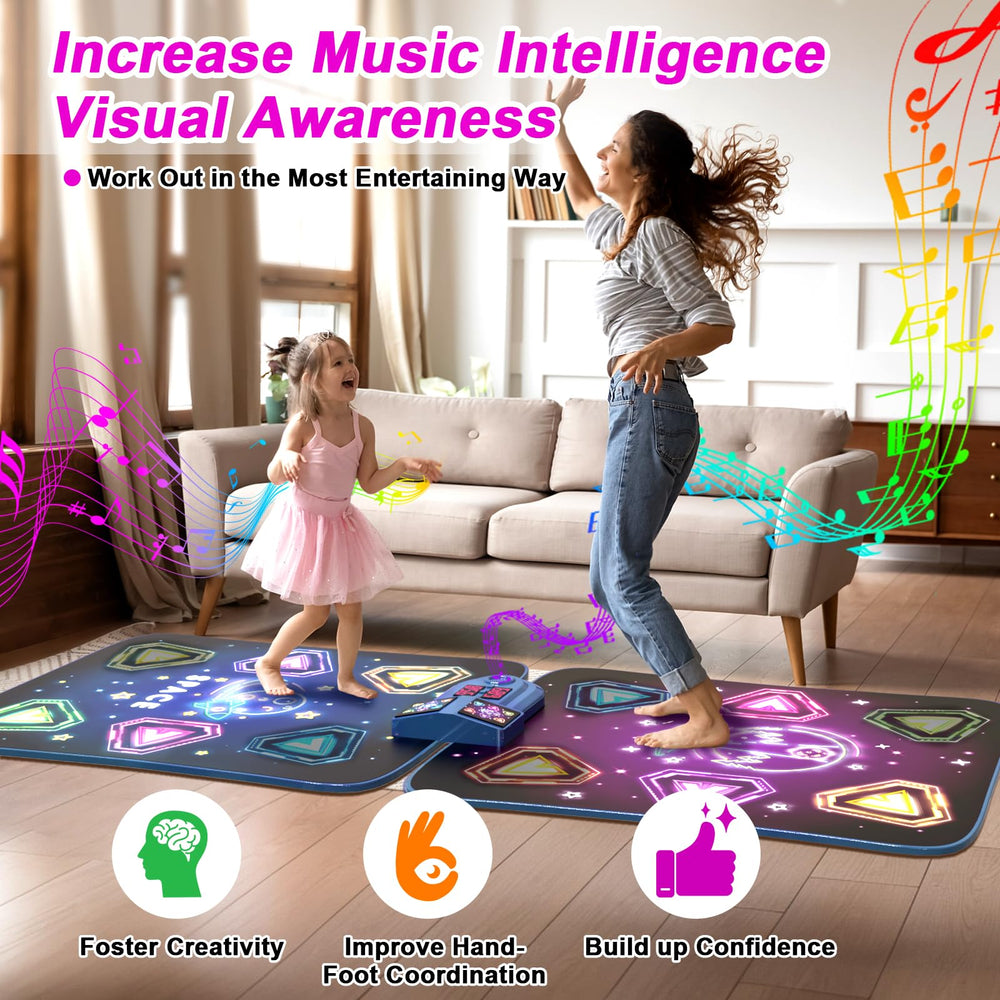TooLion dance mat showing five games mode icons, offering varied dance challenges.