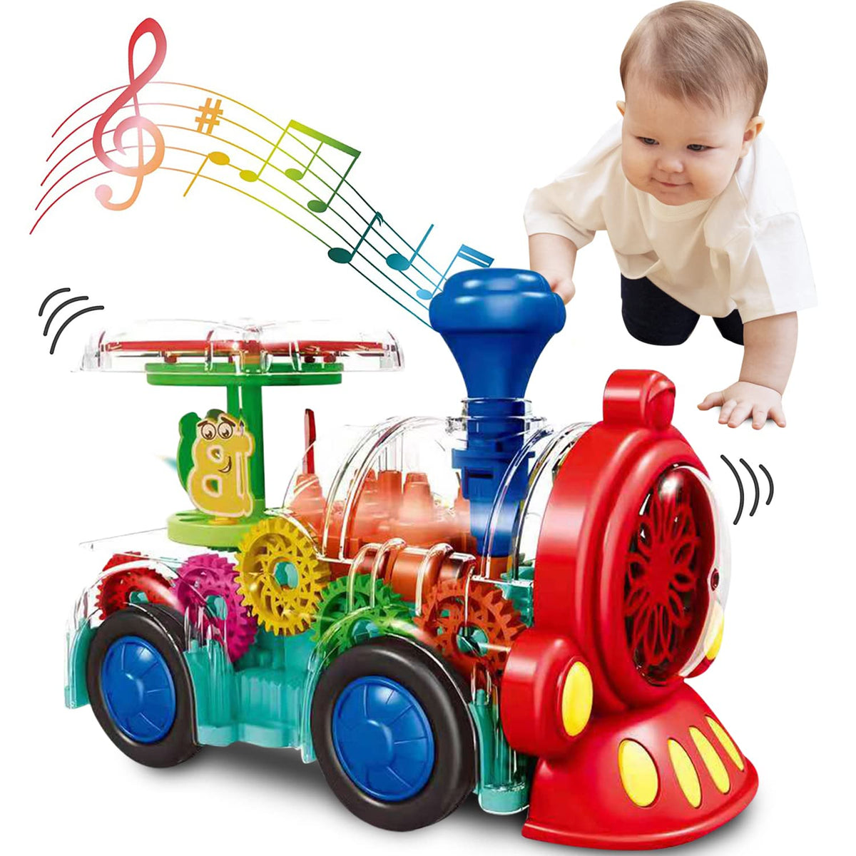 Tooty Toy light‑up train front view excites curiosity during playtime.