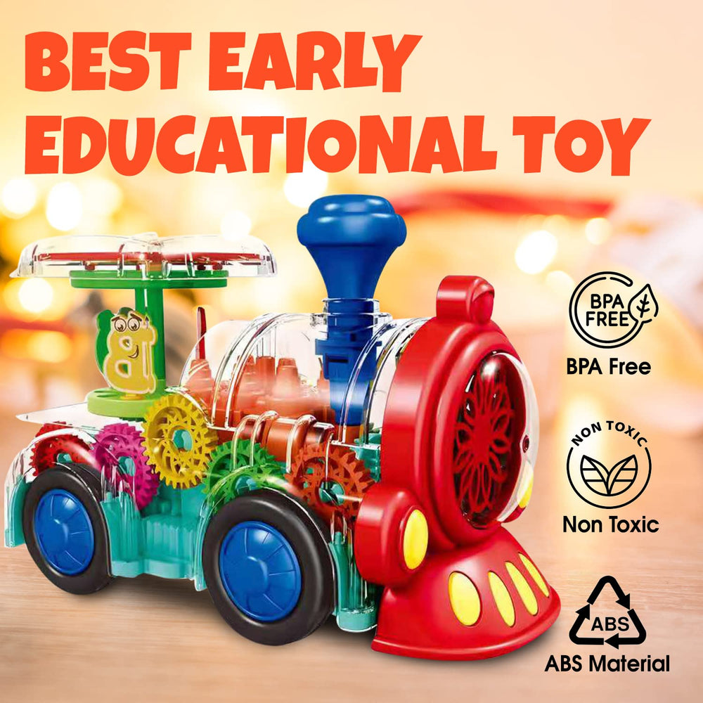 Tooty Toy transparent chassis reveals inner gears for tactile learning.