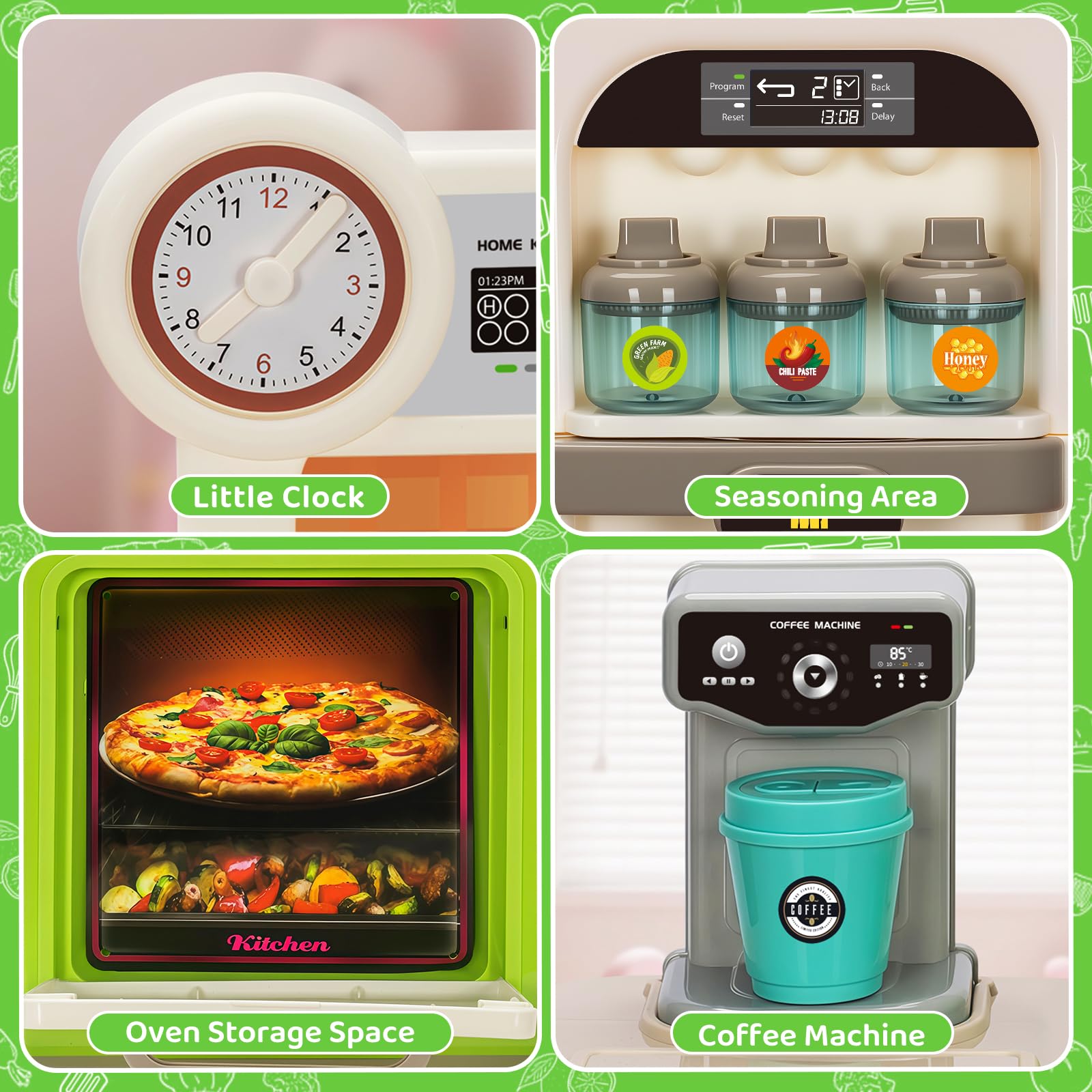 TooyBing green kids kitchen playset food and utensils for realistic meal prep
