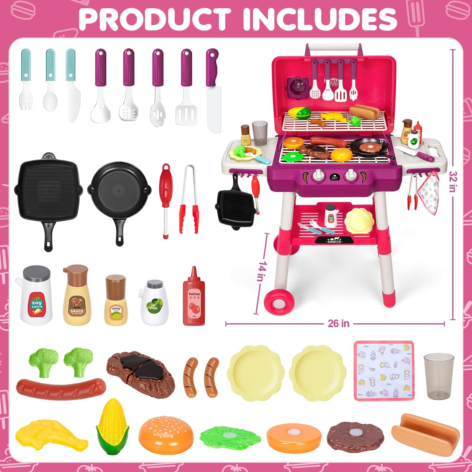 Develops fine motor, coordination, and social play through pretend grilling
