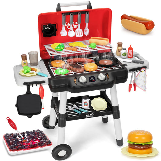 TooyBing kids play kitchen grill shows a 2-layer surface for cooperative pretend cooking, promoting sharing.