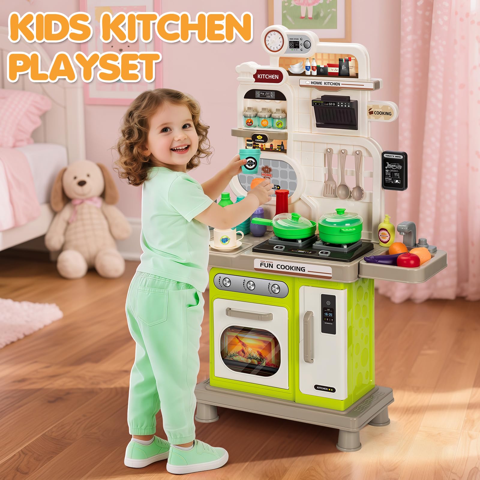 TooyBing Kids Play Kitchen Set blackboard and clock aid organization