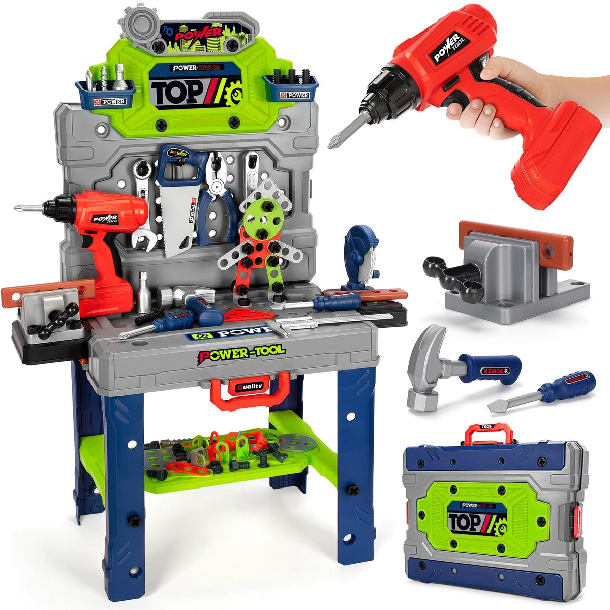 TooyBing kids tool bench with electric drill fosters imaginative play and fine motor skill development.