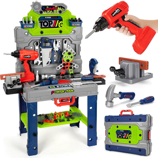 TooyBing kids tool bench with electric drill fosters imaginative play and fine motor skill development.