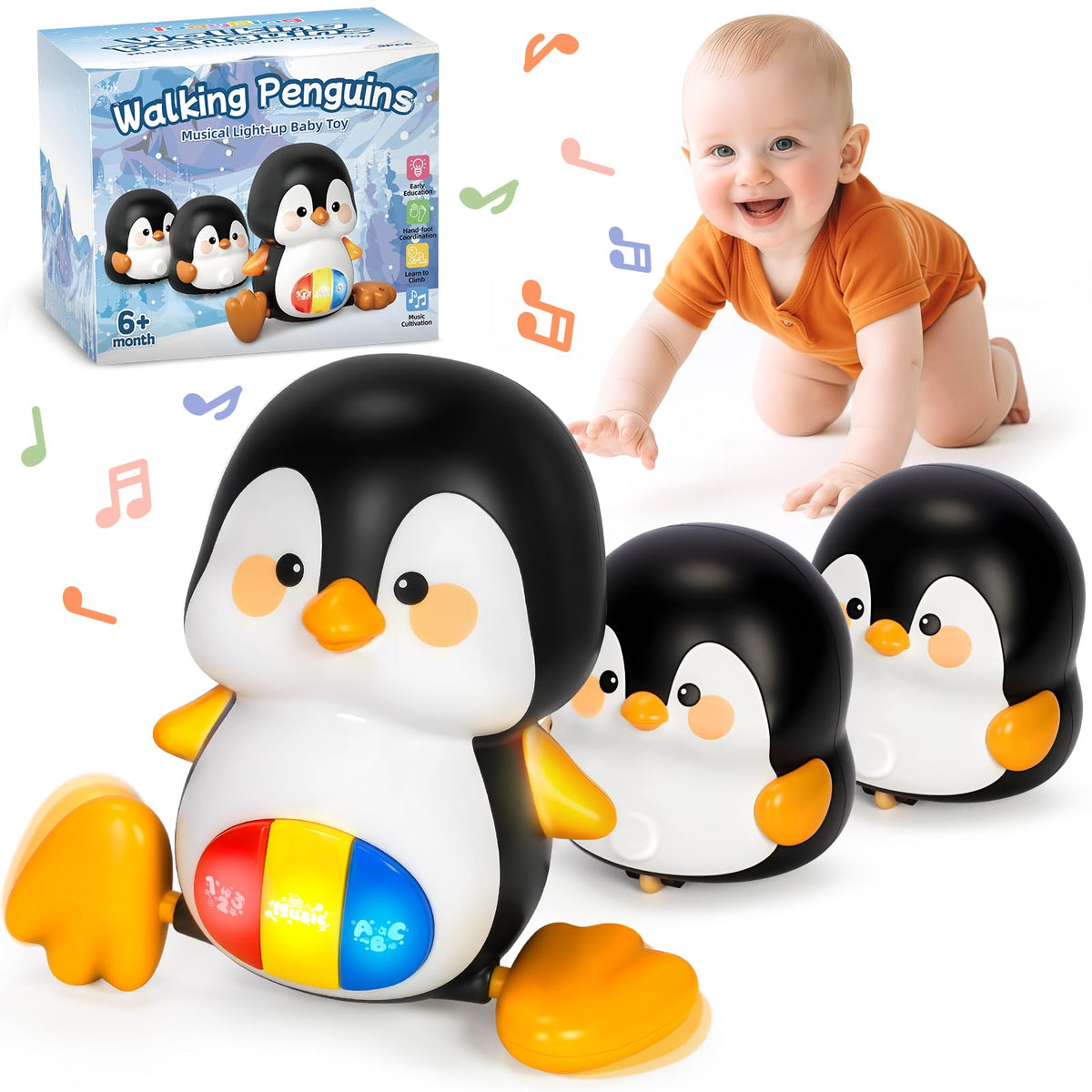 TooyBing penguin set mother engages babies in tummy time with playful interaction.