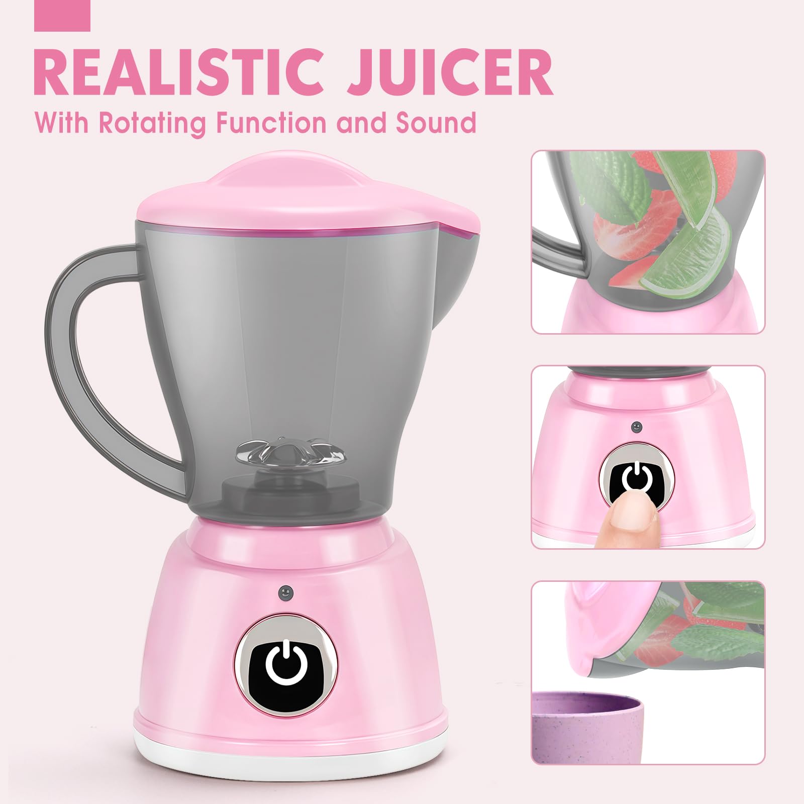 TooyBing pink juicer toy spins fruit into pretend juice.