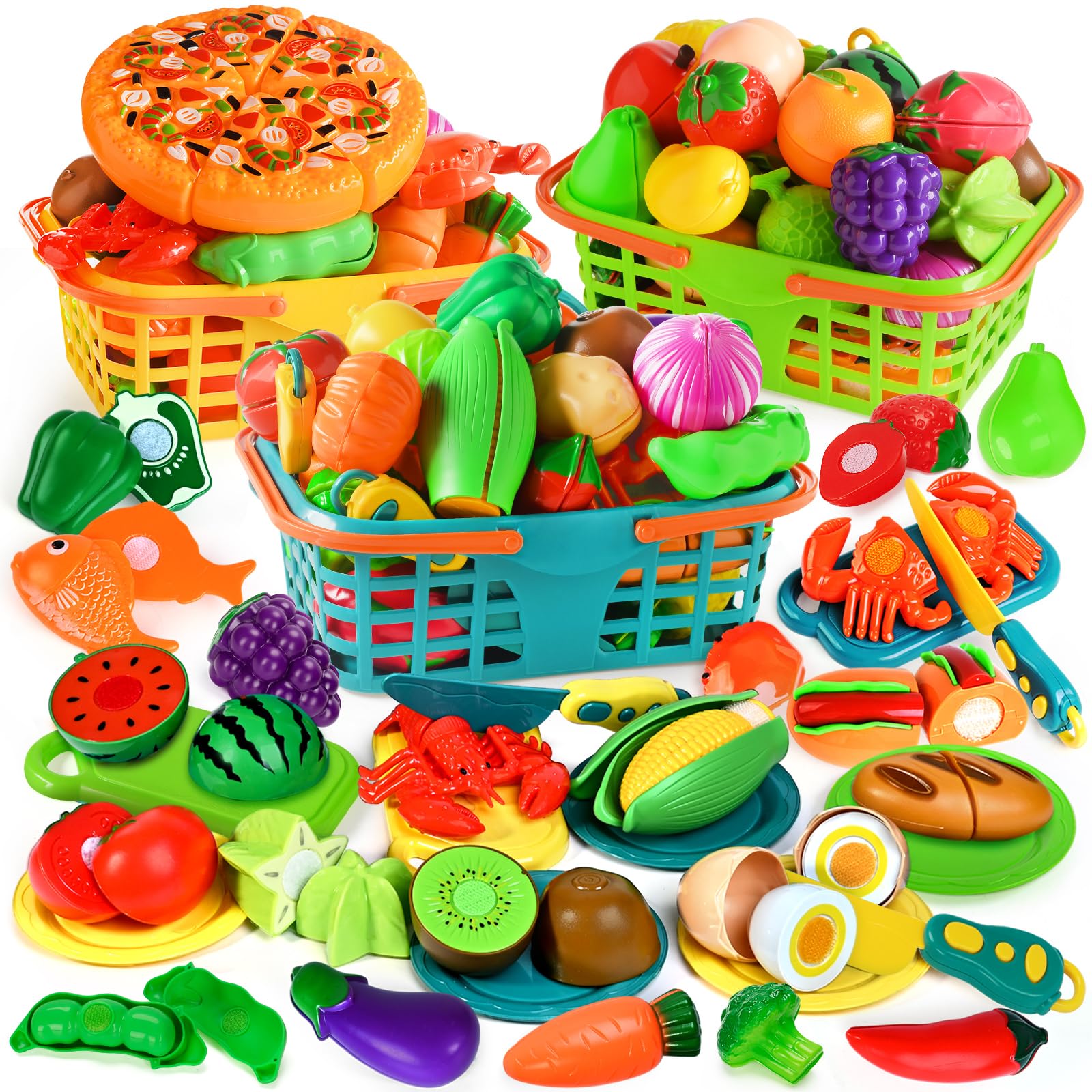 TooyBing Play Food Set with three baskets for organized pretend play
