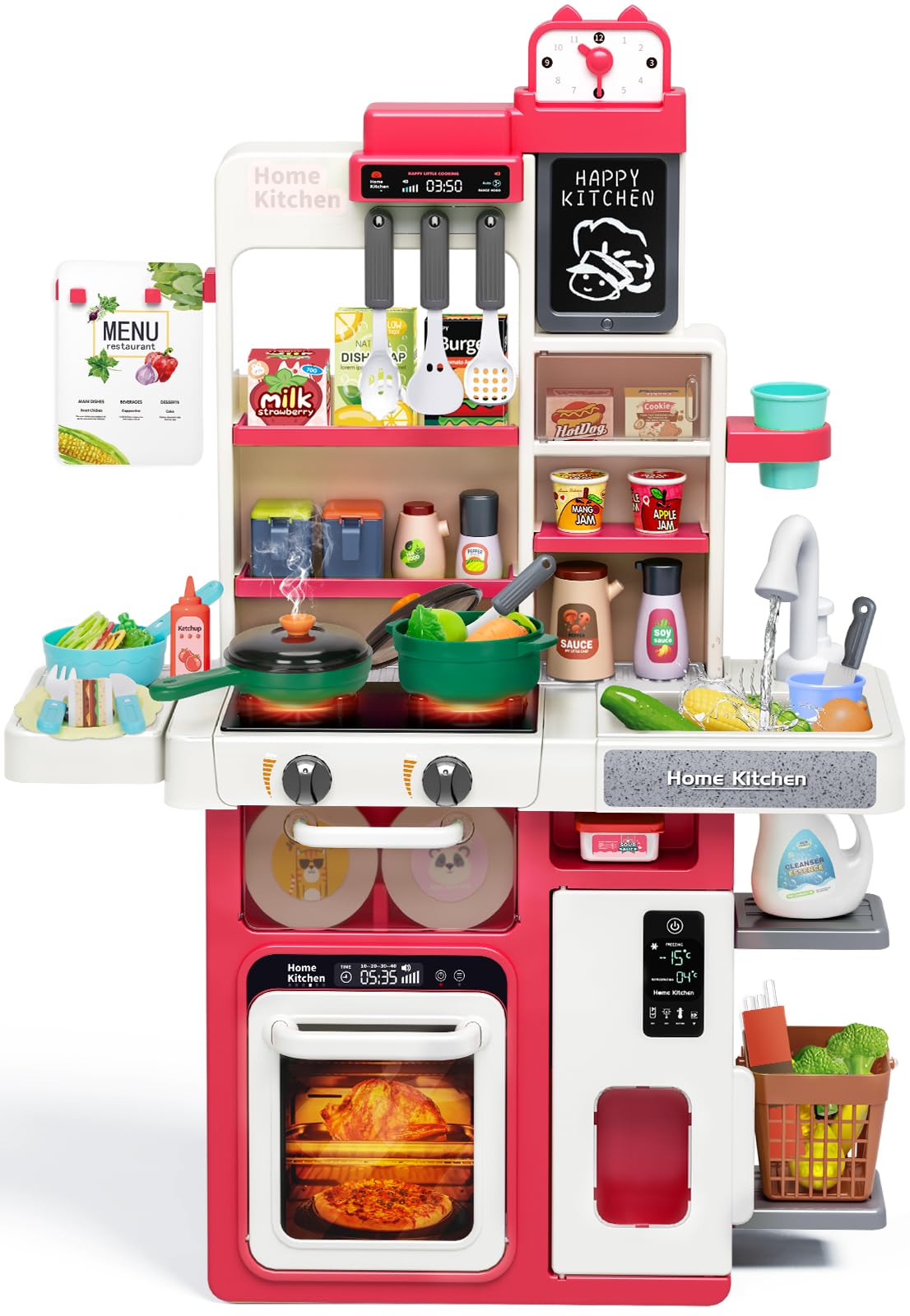 TooyBing Red Kids Play Kitchen Stove with lights and sounds for immersive pretend cooking.
