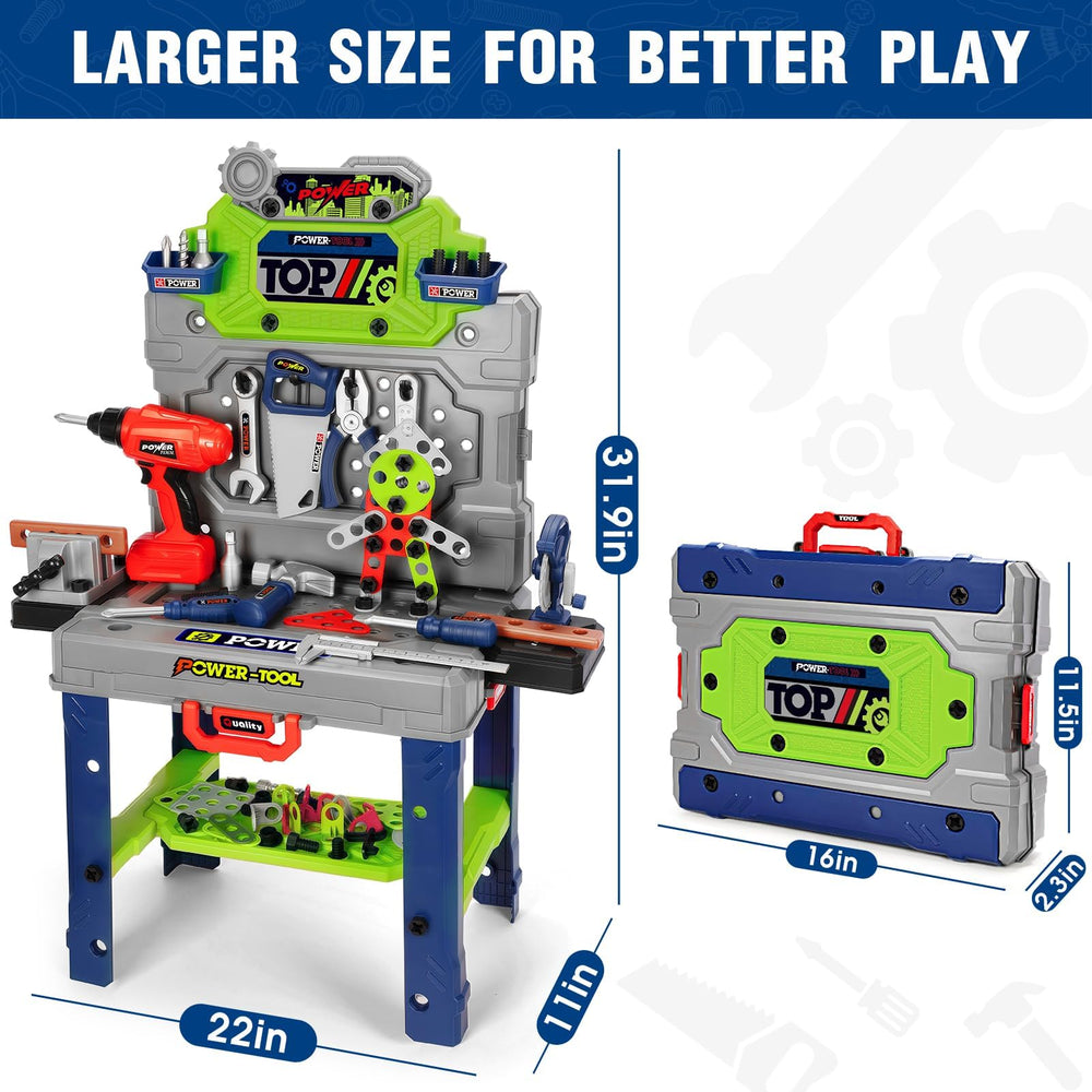 TooyBing tool bench and toolbox offers portable storage for on-the-go play sessions.