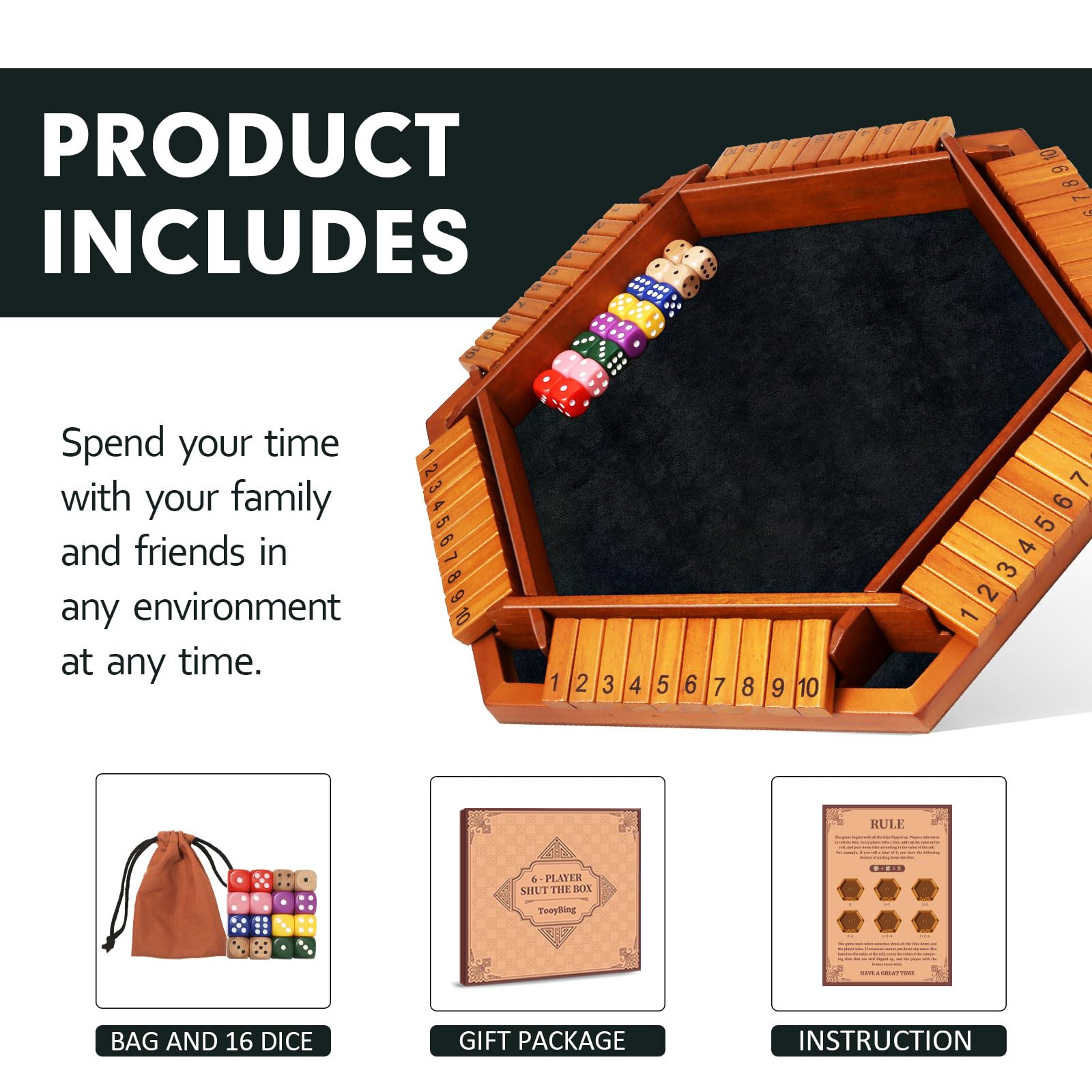 TooyBing Shut The Box includes 16 dice for lively, strategic play