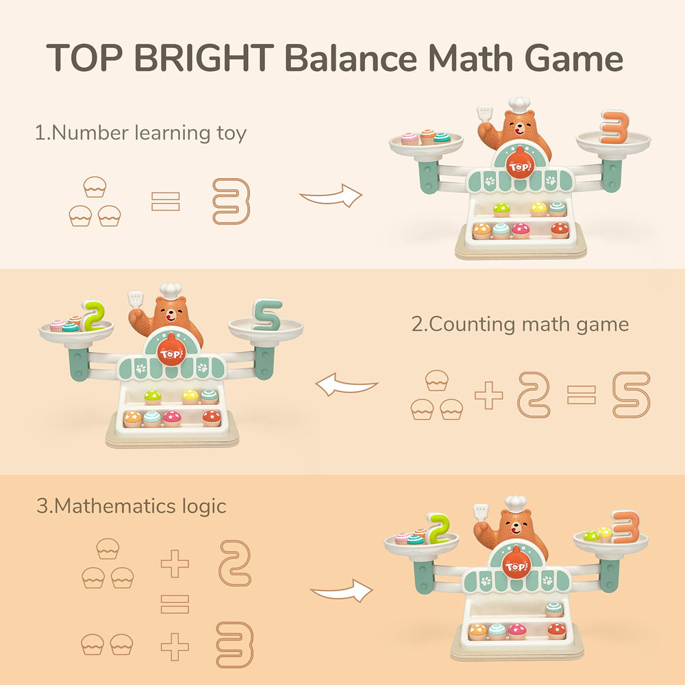 TOP BRIGHT Balance Math Game scale and cakes demonstrates balance basics.