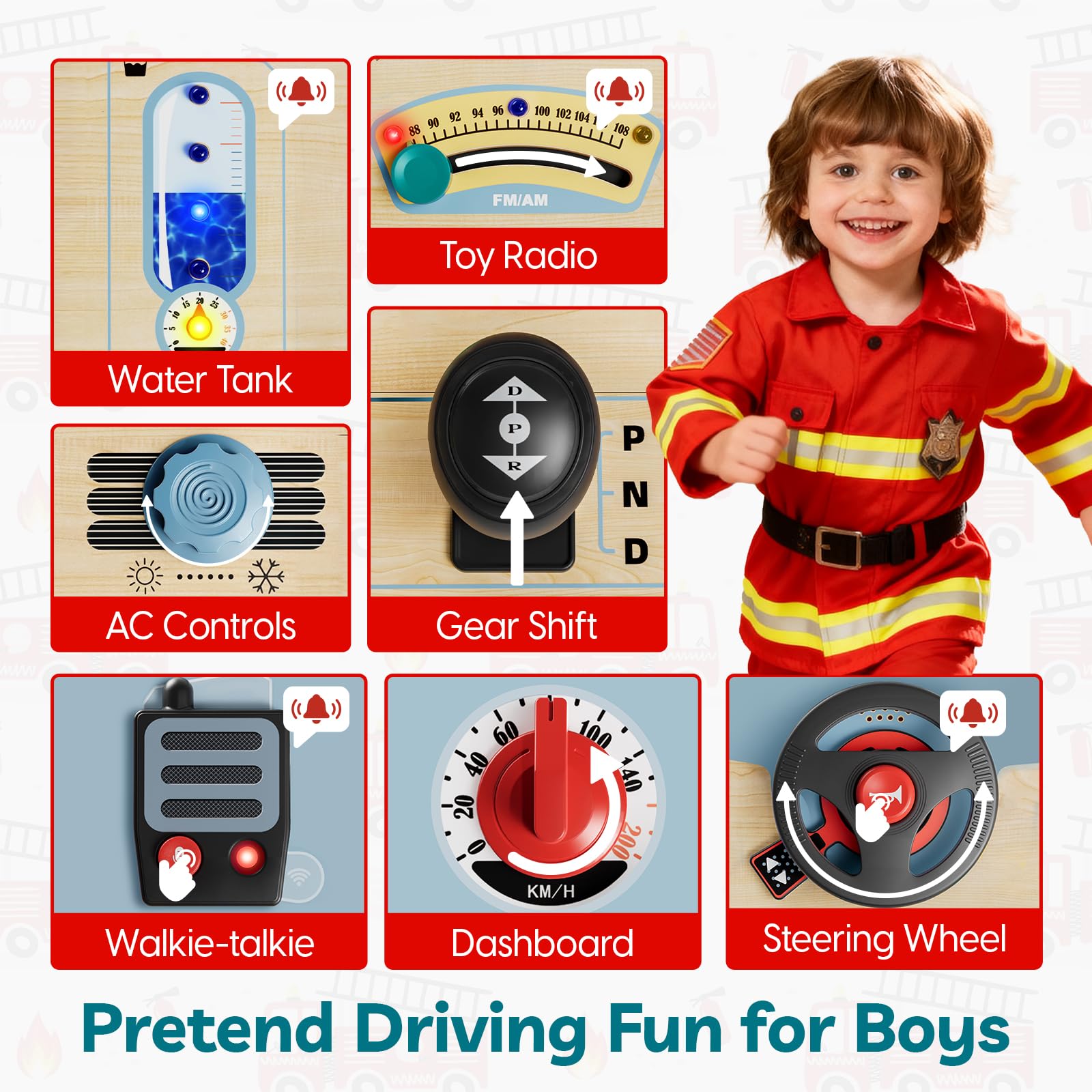 TOP BRIGHT Busy Board dash controls for imaginative driving play.