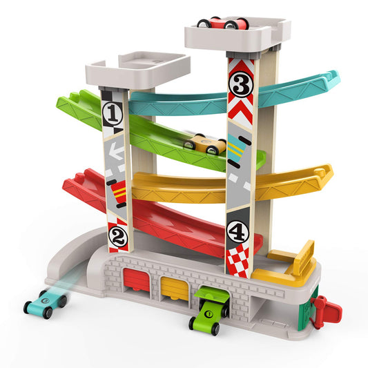 TOP BRIGHT car ramp toy with wooden cars and three garages spark imaginative play.