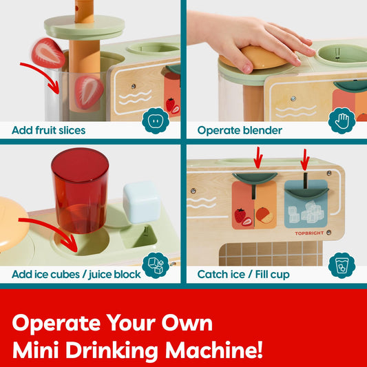 TOP BRIGHT cup under spout captures juice during pretend kitchen play.