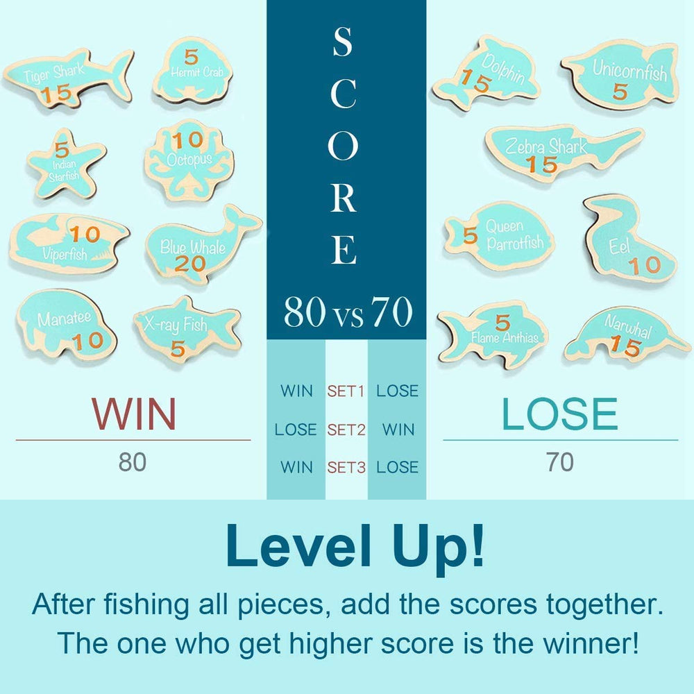 Top Bright hand-eye coordination develops with smooth wooden pieces during fishing.