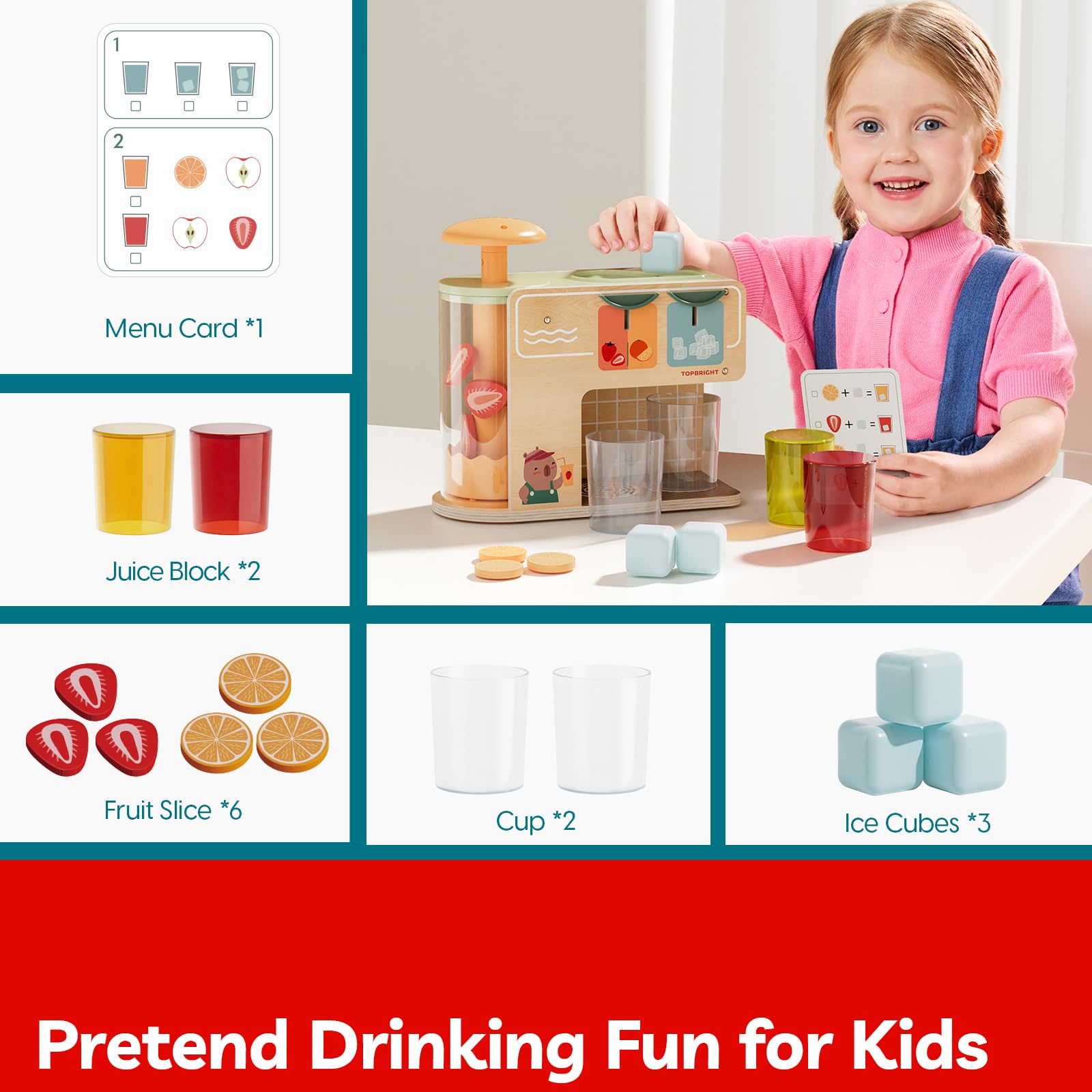 TOP BRIGHT manual juicer button action supports cause-and-effect learning.