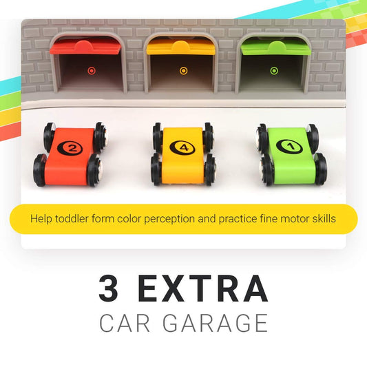 Top Bright race-track cars with four-car wooden set on track
