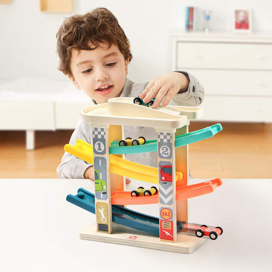 Top Bright race-track ramps close-up, colorful wooden ramps for fine motor practice.