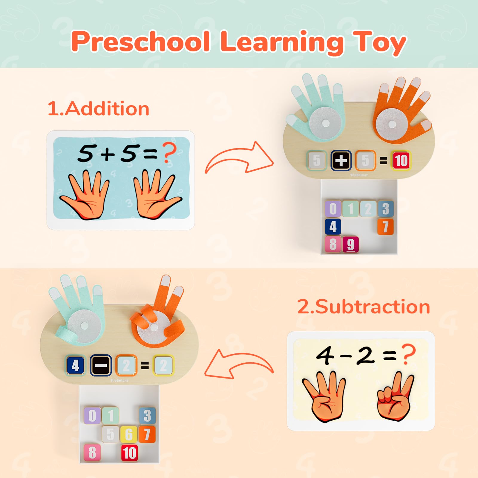 Top Bright soft felt palms provide tactile learning for engaging number exploration.
