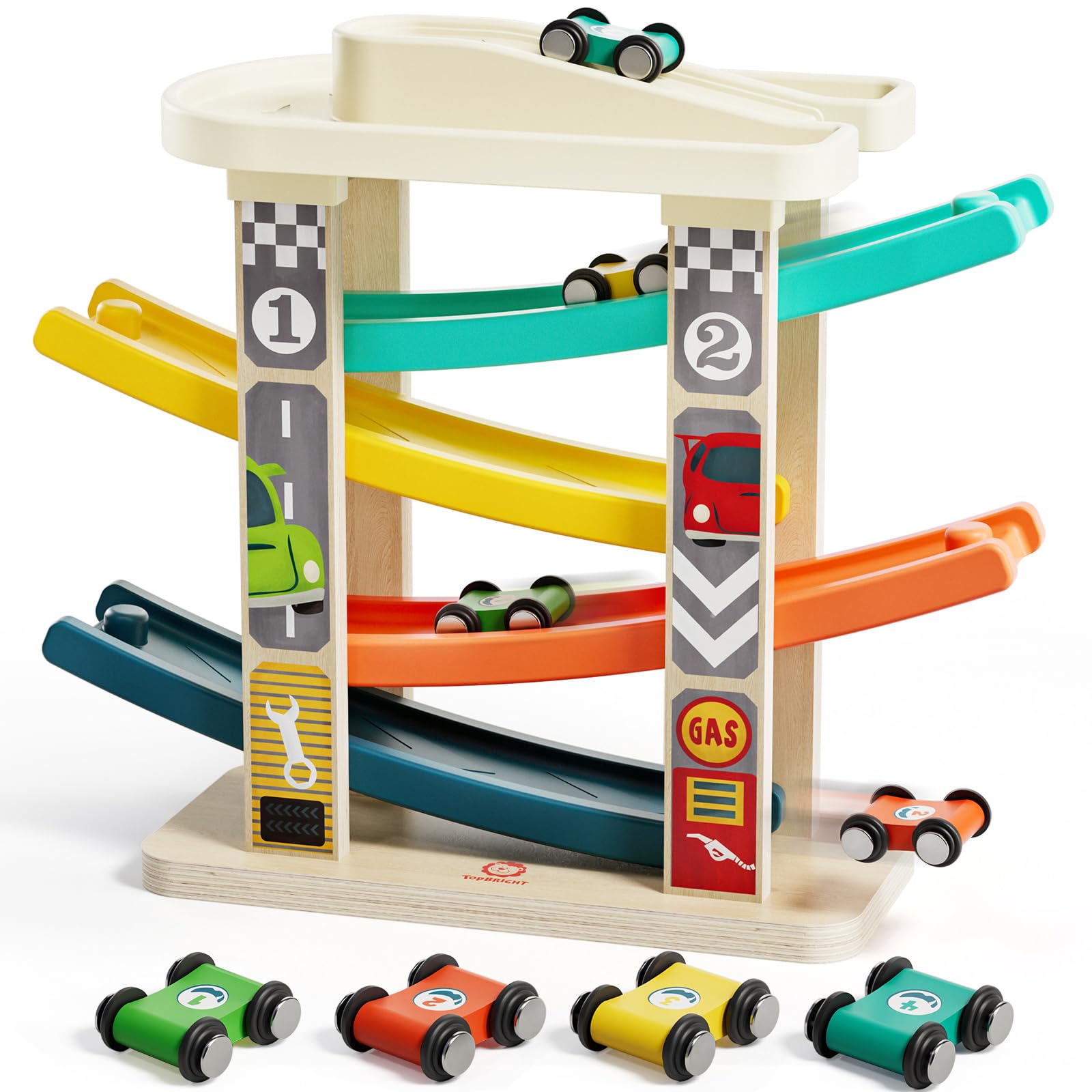 Top Bright wooden race track, top-down view, boosts toddler coordination.