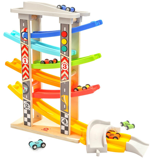 Top Bright wooden car ramp track bridge showcases a smooth, safe surface for toddler racing.