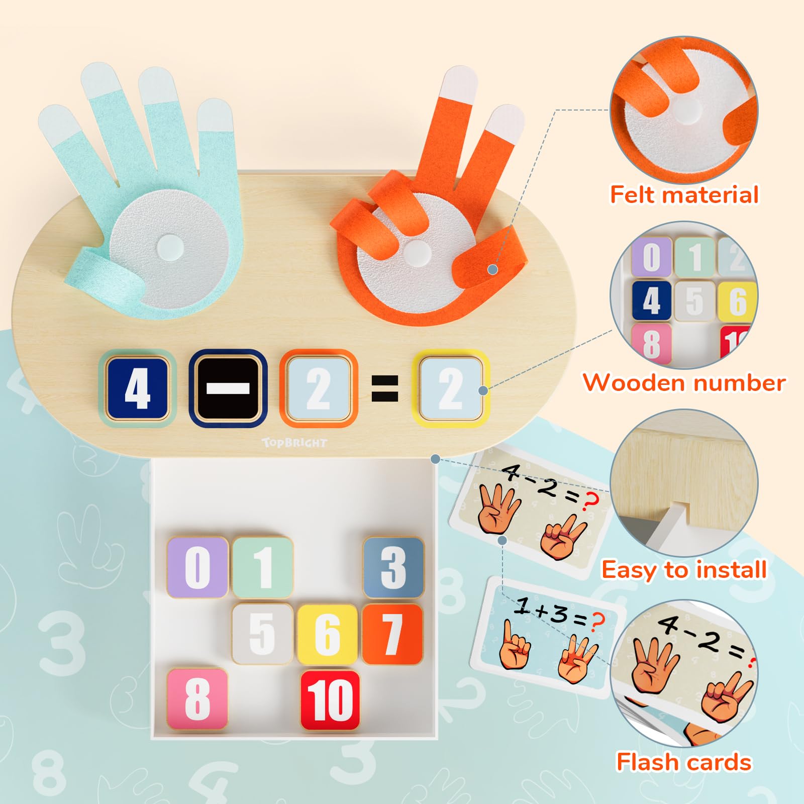 Top Bright wooden counting board used for hands-on math exploration and patterning.