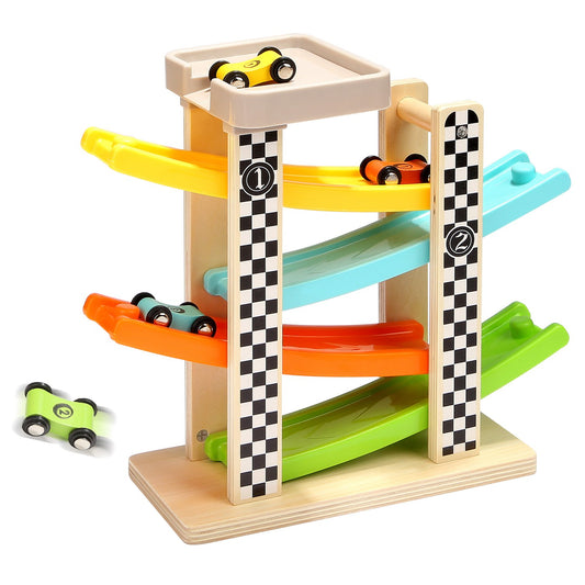 TOP BRIGHT wooden race track with top parking lot, sturdy and kid-friendly design