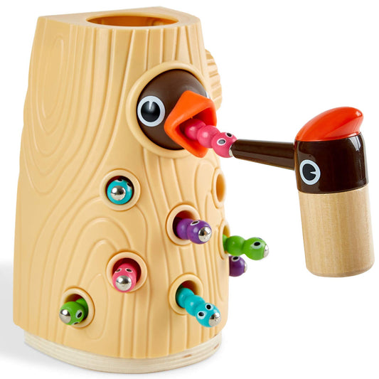 Top Bright Woodpecker Worms Catching Toy close-up showing vivid colors that invite tactile exploration