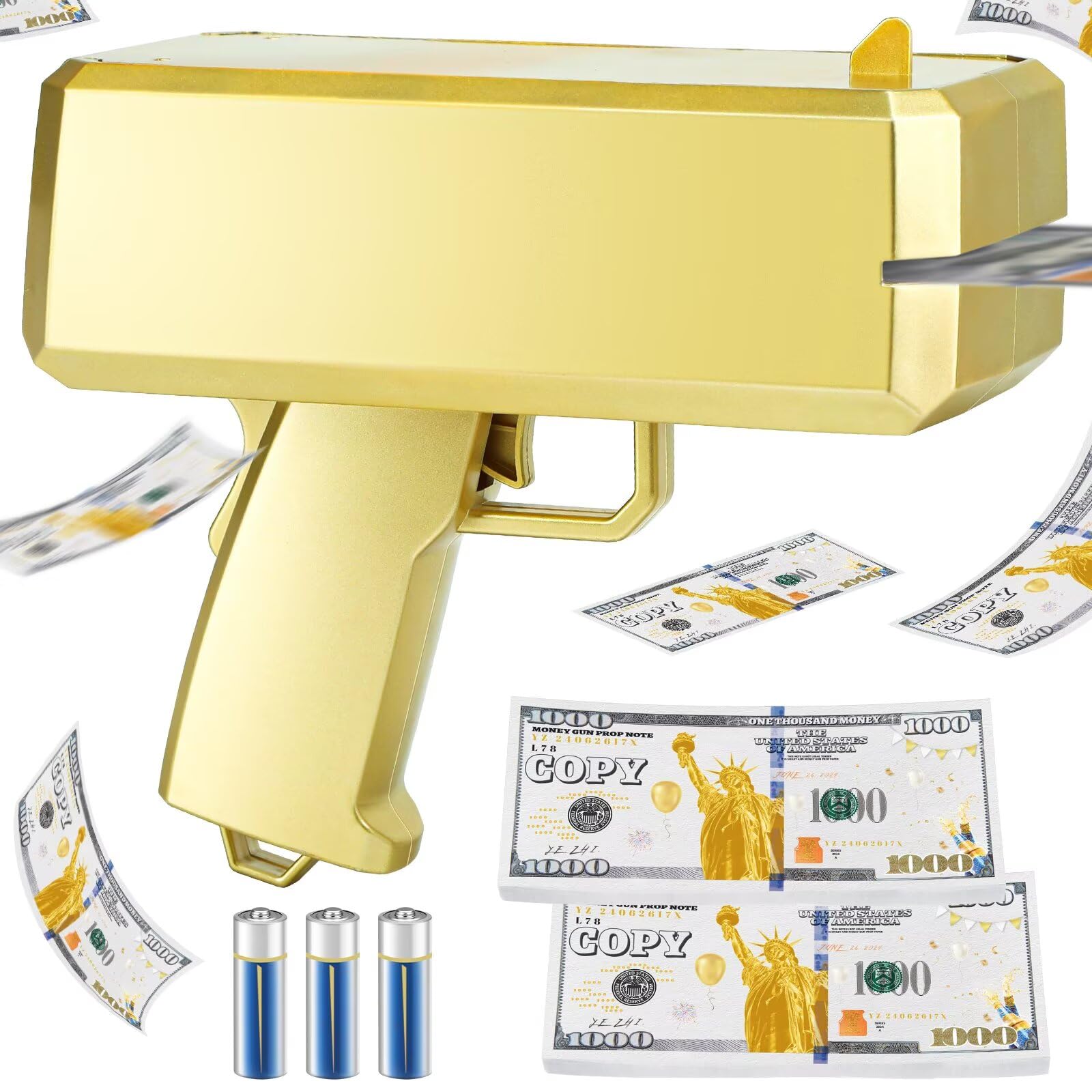 Topchild Gold Money Gun front view for dramatic party moments and photos.