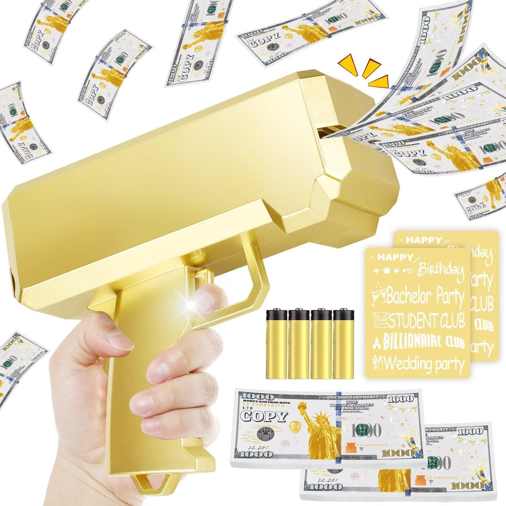 Topchild Gold Money Gun in action, pretend money for party moments.