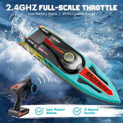 TOPCHOIC RC Boat equipped with 7 LED lights for night visibility.
