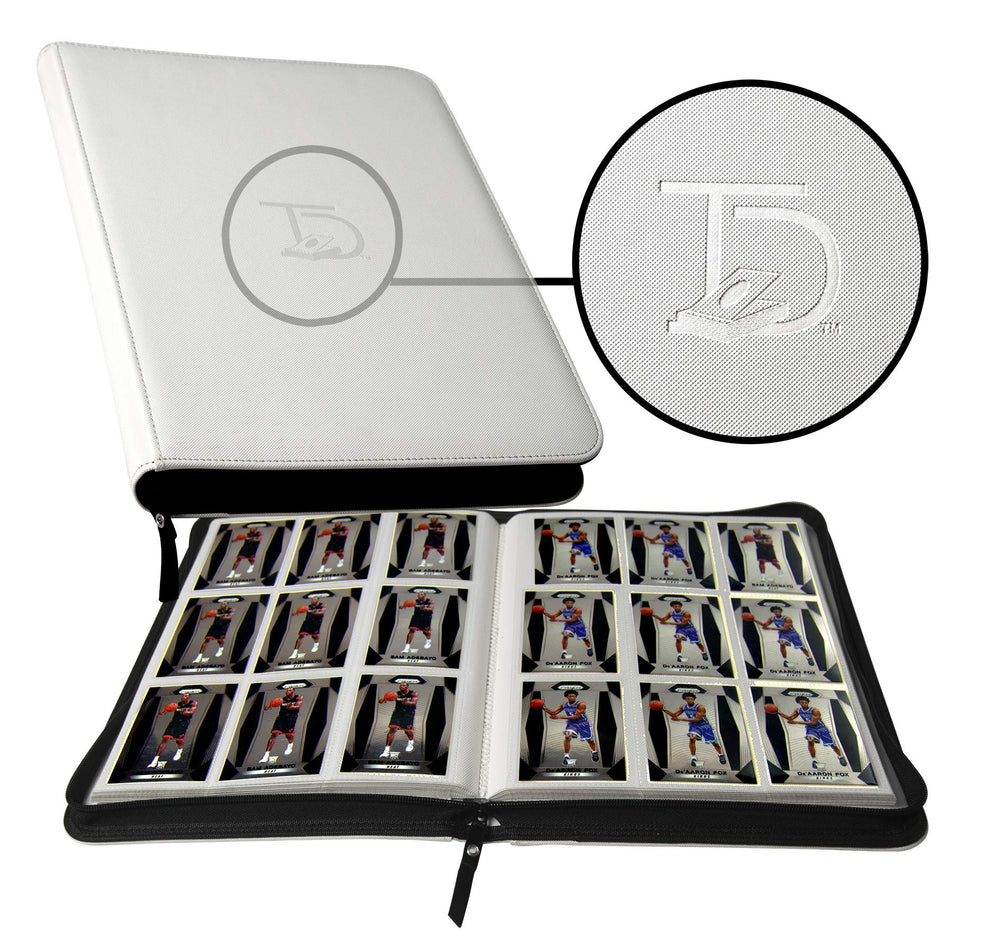 TopDeck 500 Card Ringless Zip Binder Pro front view showcases premium white leather finish