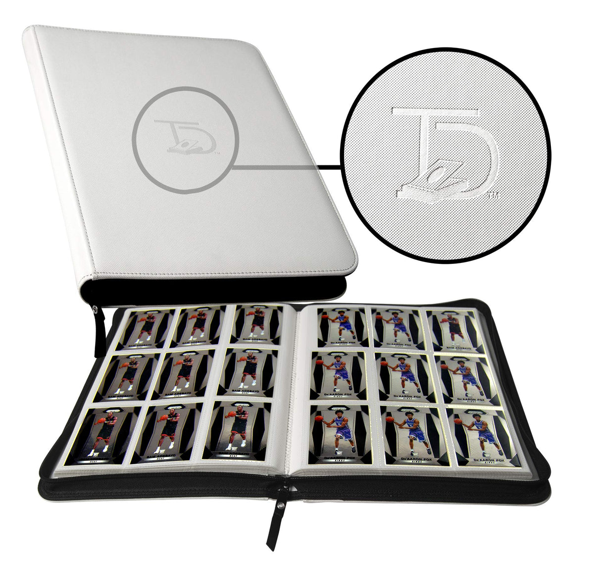 TopDeck 500 Card Ringless Zip Binder Pro front view showcases premium white leather finish