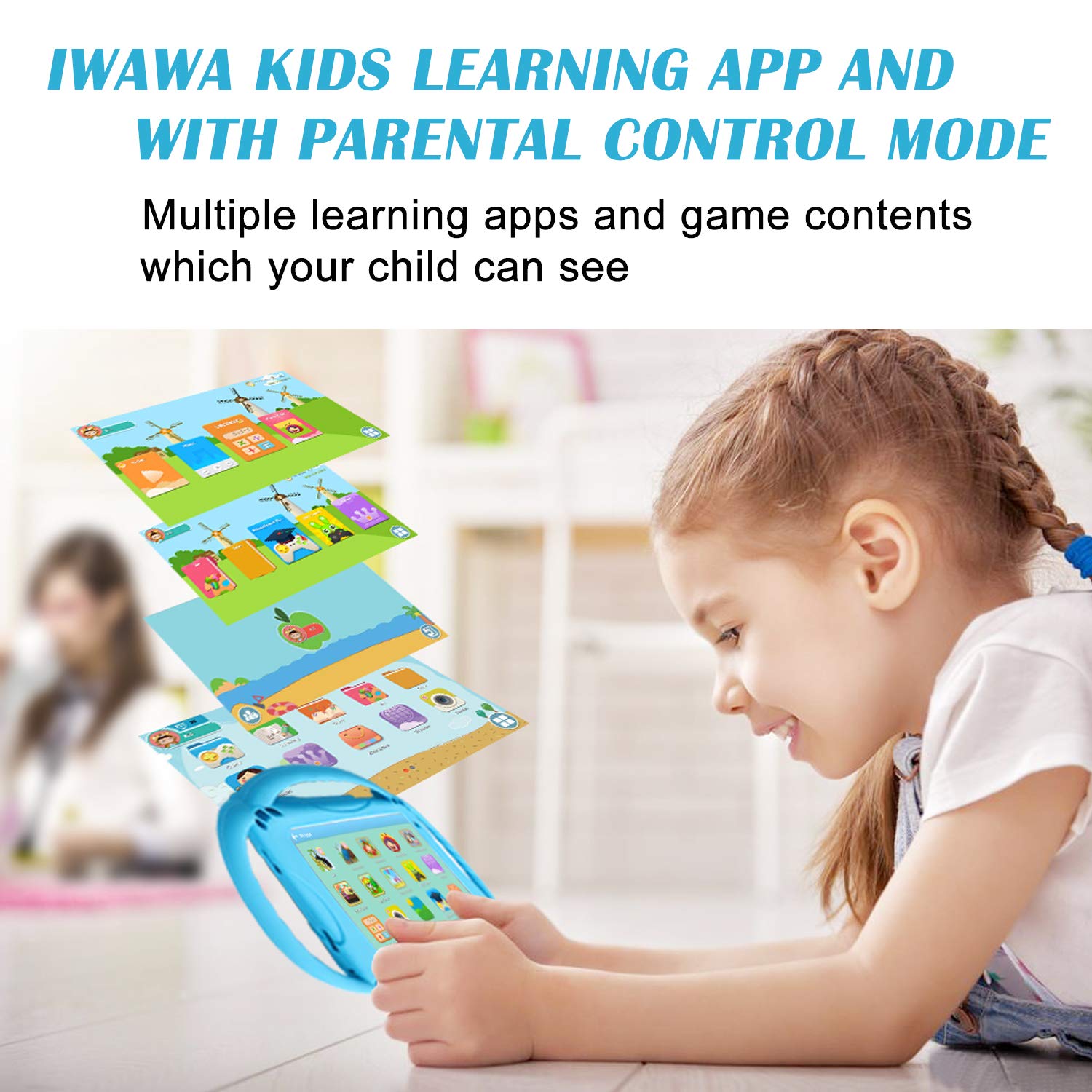 TOPELOTEK 7-inch tablet screen showing education apps for learning on the go.