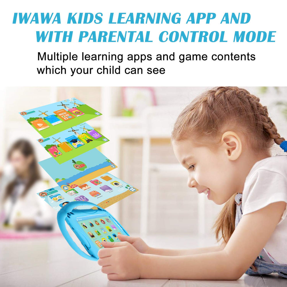 TOPELOTEK 7-inch tablet screen showing education apps for learning on the go.