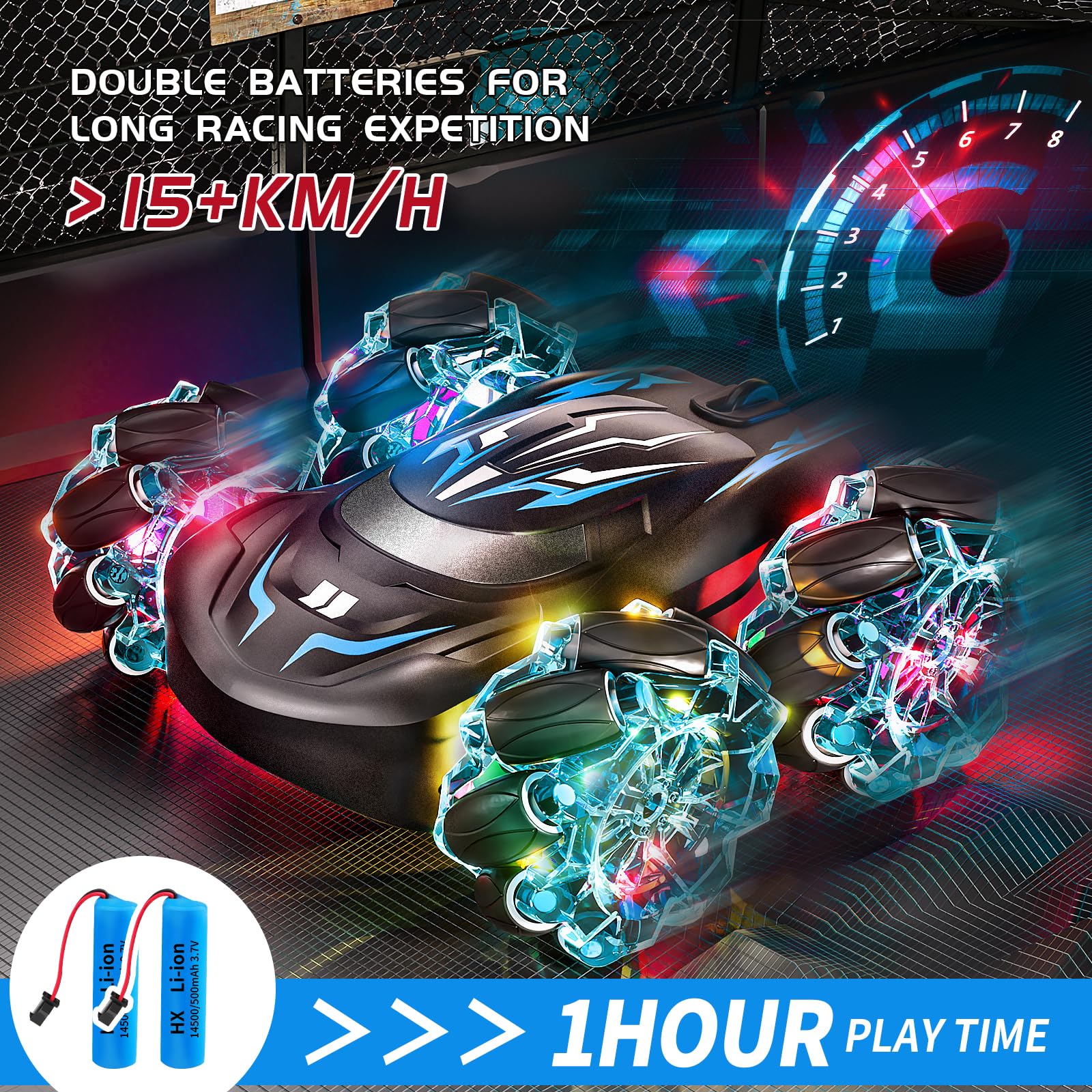 TOPMVP 2.4GHz RC Stunt Car blue drift action showing 360 spins for kids