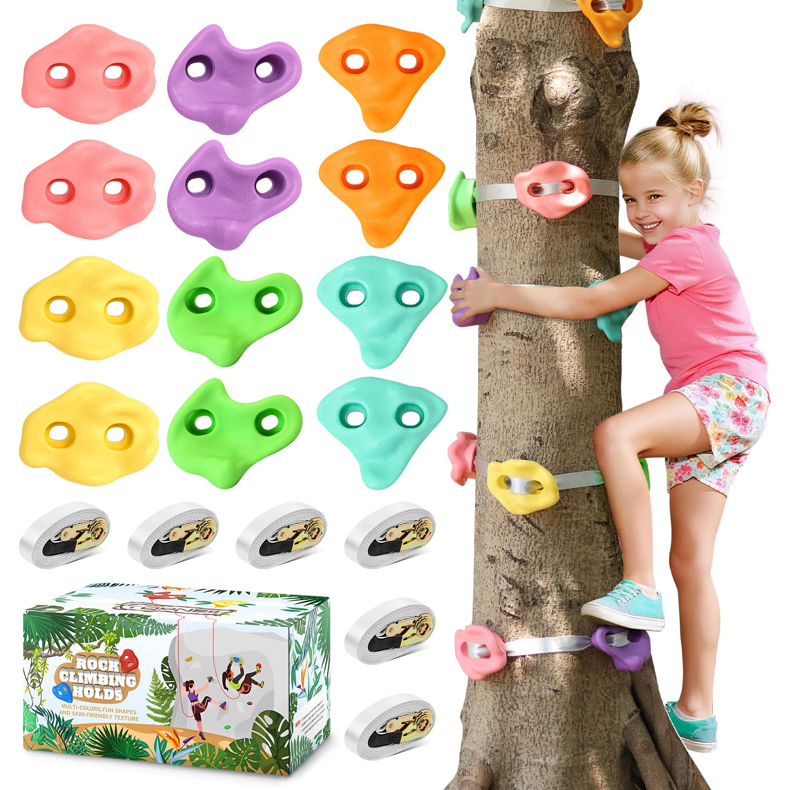 TOPNEW 12 Ninja tree climbing holds in pastel macaroon colors for safe outdoor play