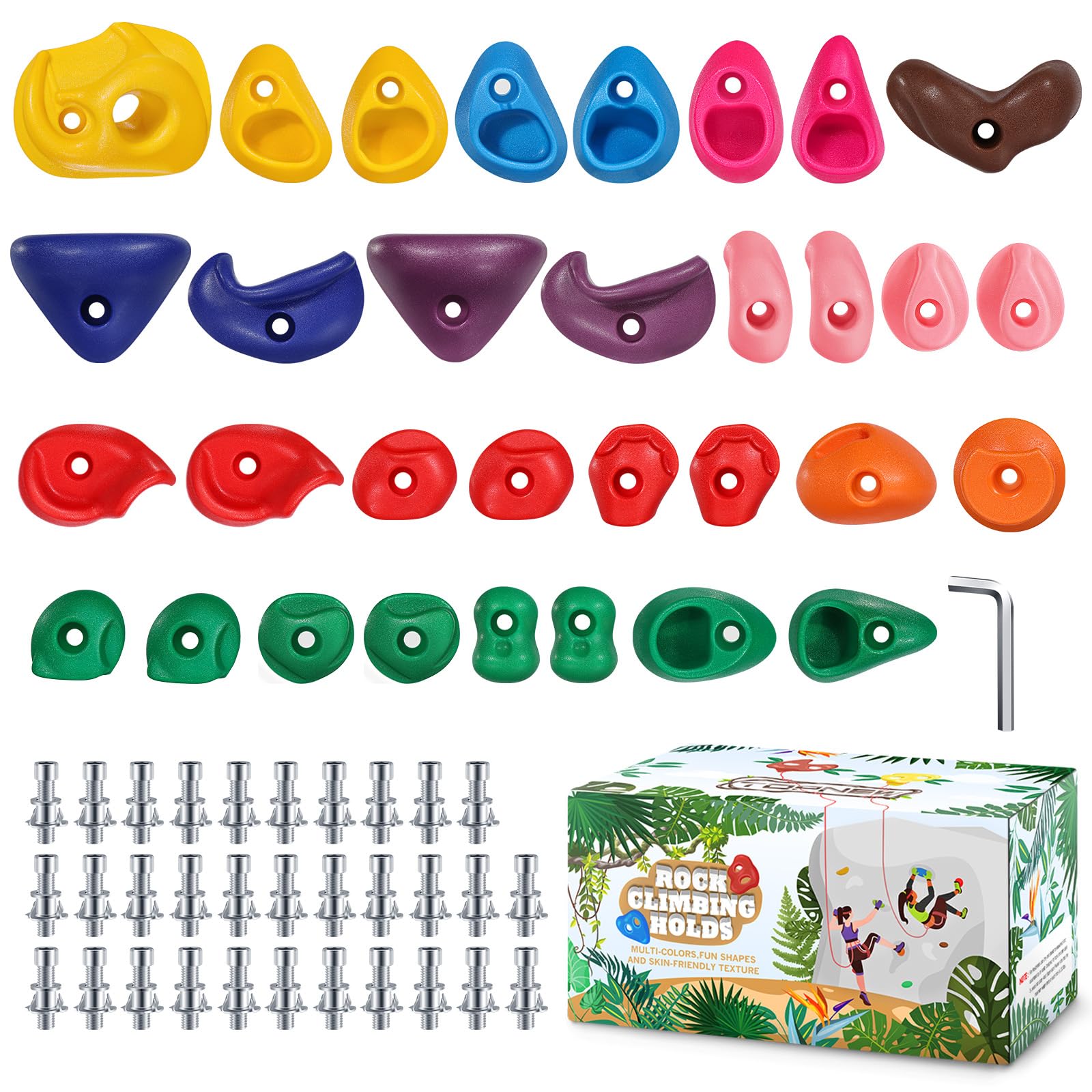 TOPNEW 32 rock climbing holds in multiple sizes for a customizable wall.