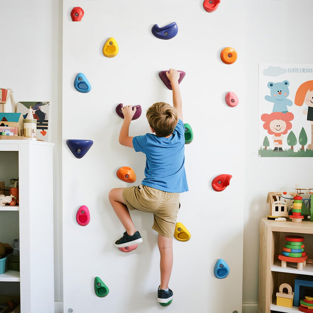 TOPNEW rock wall kit installed in an outdoor backyard playground.