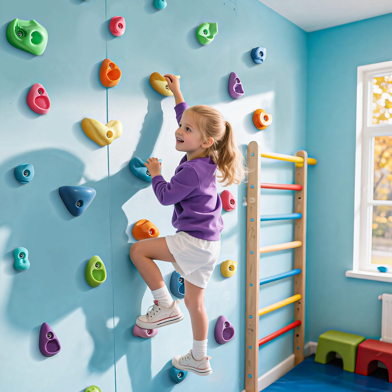 TOPNEW indoor-outdoor rock wall suitable for bedrooms, backyards, and playgrounds.